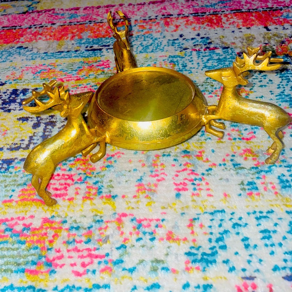 ⭐️Vintage 3 Reindeer Stag Golden Pillar Metal Candle Holder Stand Christmas Deer